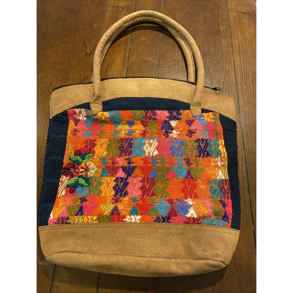 Embroidered Guatemalan Tote Purse Shoulder Bag Faux Suede Zip Hippie Boho